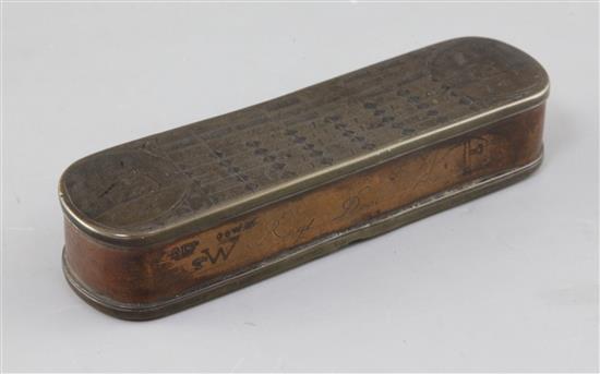 An antique Dutch copper and brass seamans tobacco box, 7in.